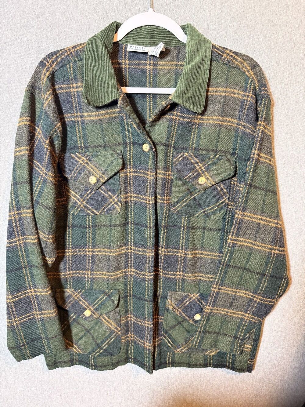 CAPACITY Men's Medium Plaid Wool Blend Shirt Jacket Green Corduroy Collar Button